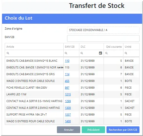 Transfert Choix lot